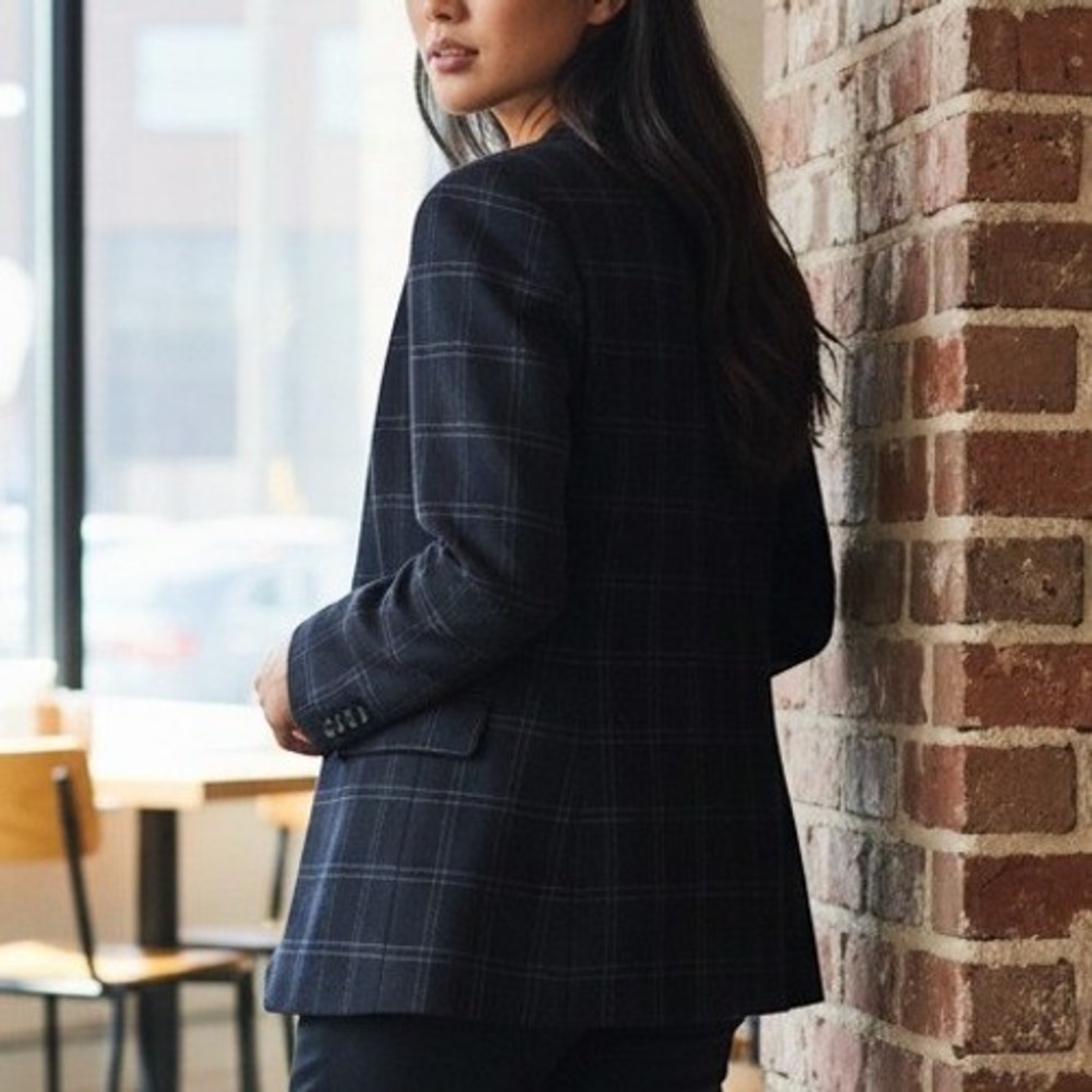 Talbots Petites Black Windowpane Plaid Wool Blend Collarless Blazer Jacket 2P